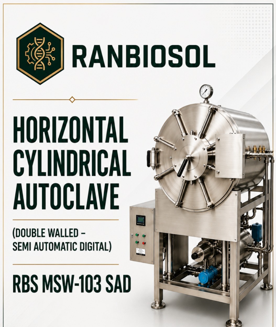 HORIZONTAL CYLINDRICAL AUTOCLAVE (DOUBLE WALLED SEMI AUTOMATIC DIGITAL) RBS MSW-103(SAD)