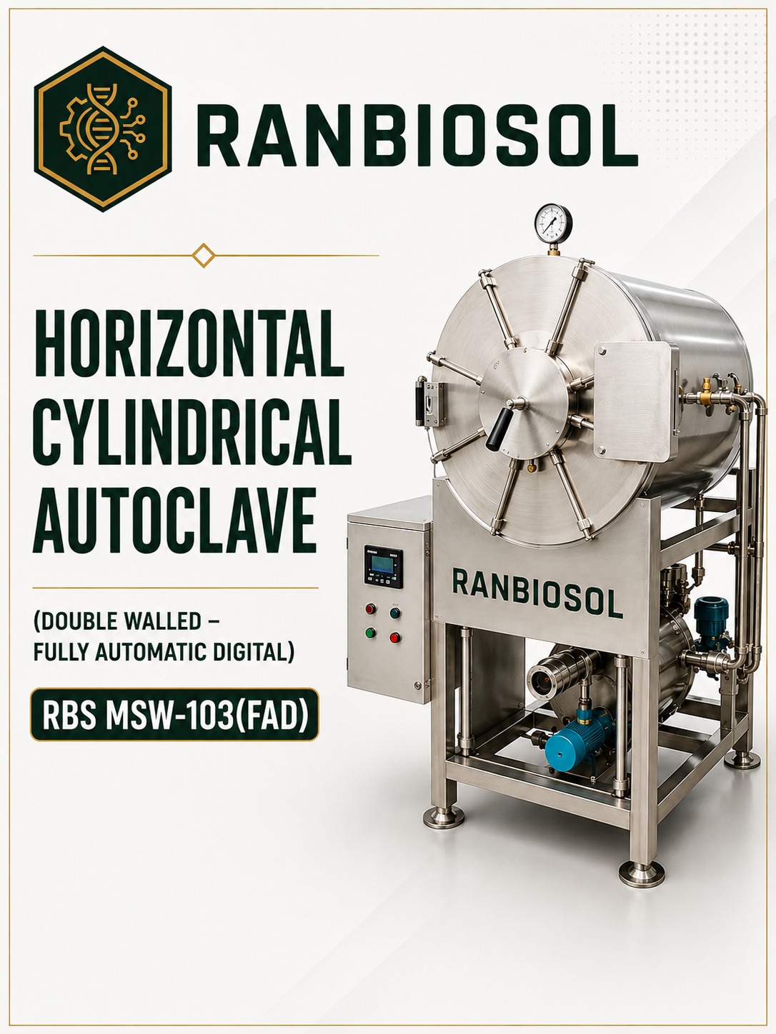 HORIZONTAL CYLINDRICAL AUTOCLAVE (DOUBLE WALLED FULLY AUTOMATIC DIGITAL) RBS MSW-103(FAD)
