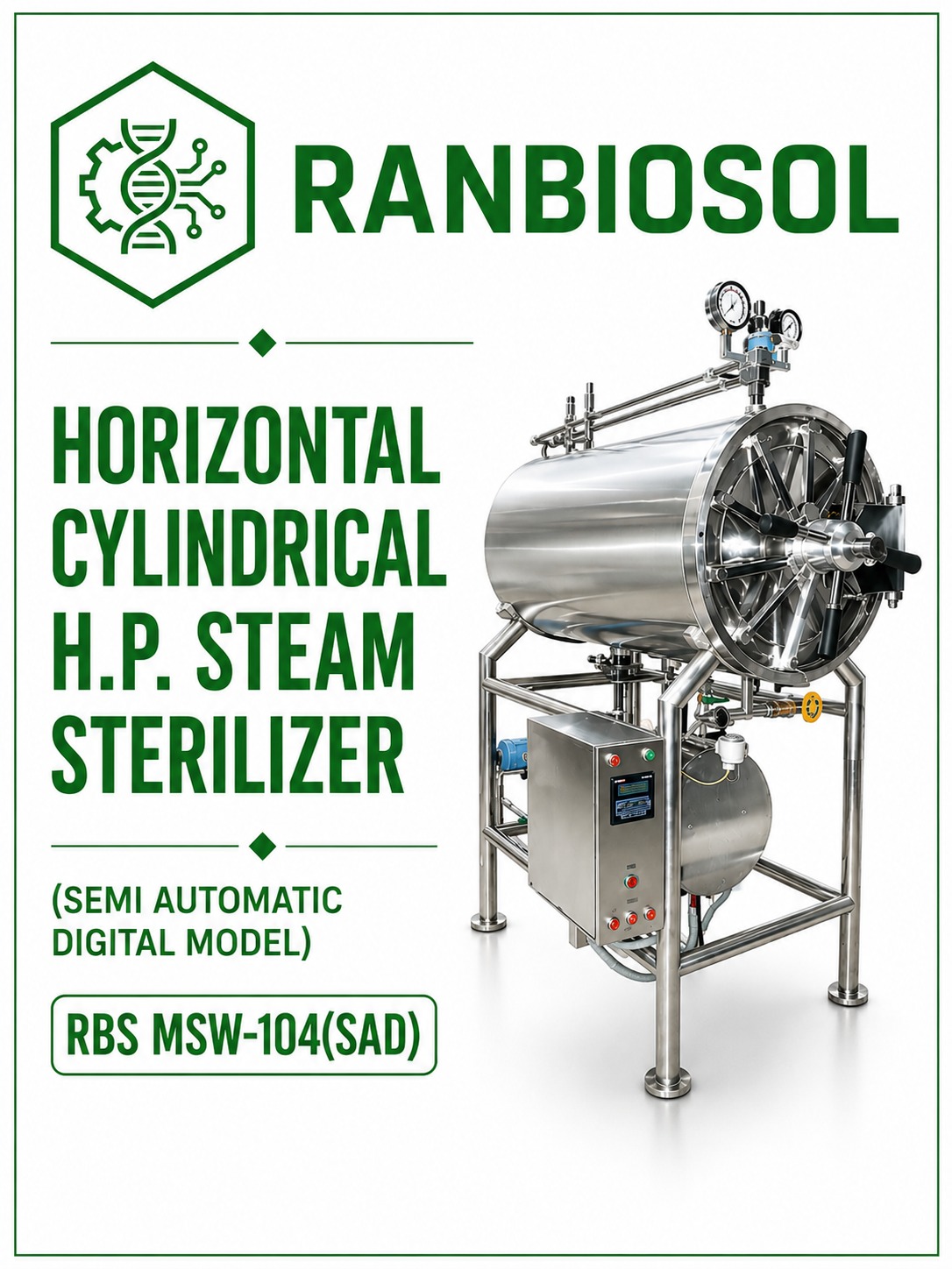 HORIZONTAL CYLINDRICAL H.P. STEAM STERILIZER (SEMI AUTOMATIC DIGITAL MODEL) RBS MSW-104(SAD)