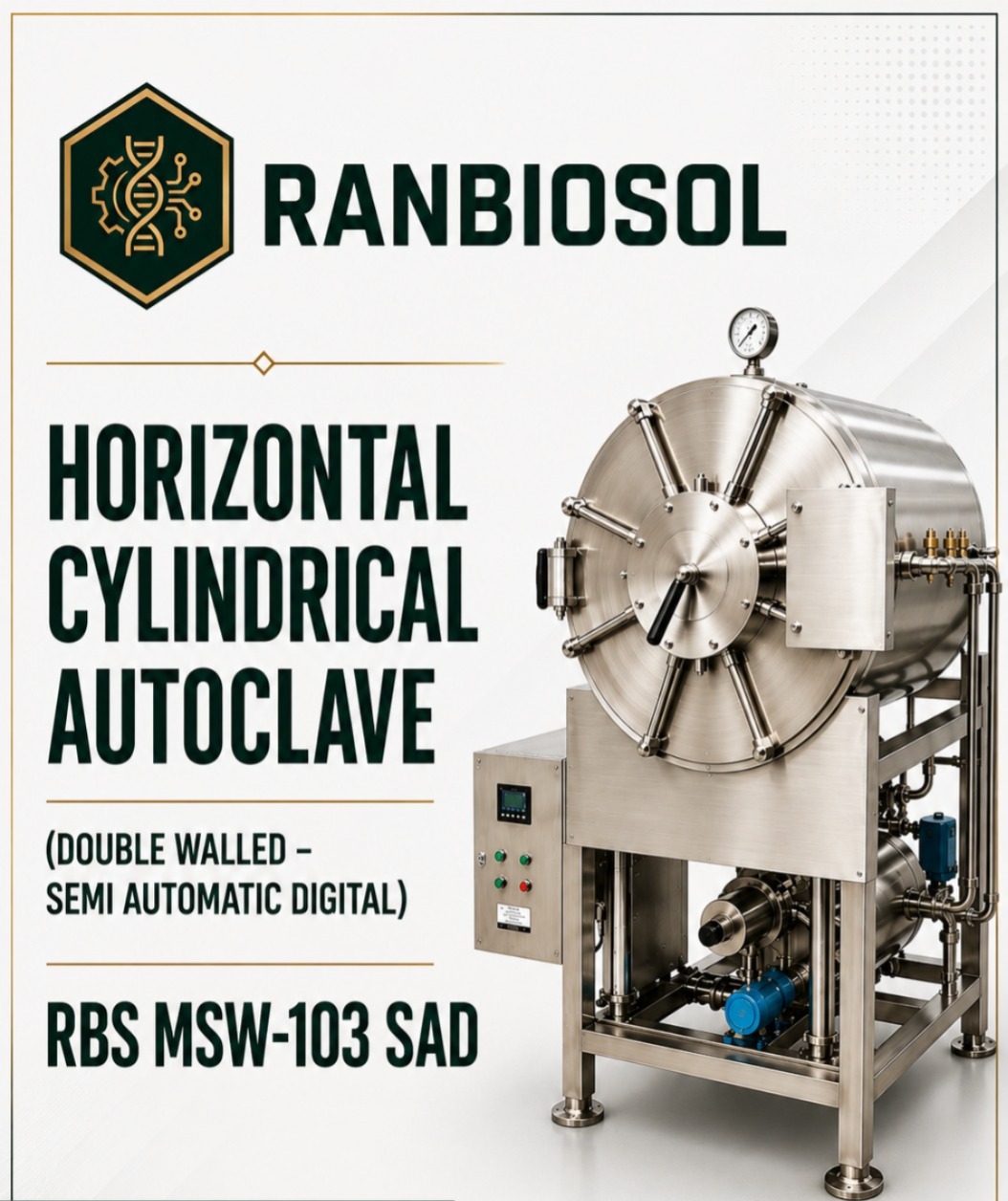 HORIZONTAL CYLINDRICAL AUTOCLAVE (DOUBLE WALLED SEMI AUTOMATIC DIGITAL) RBS MSW-103(SAD)