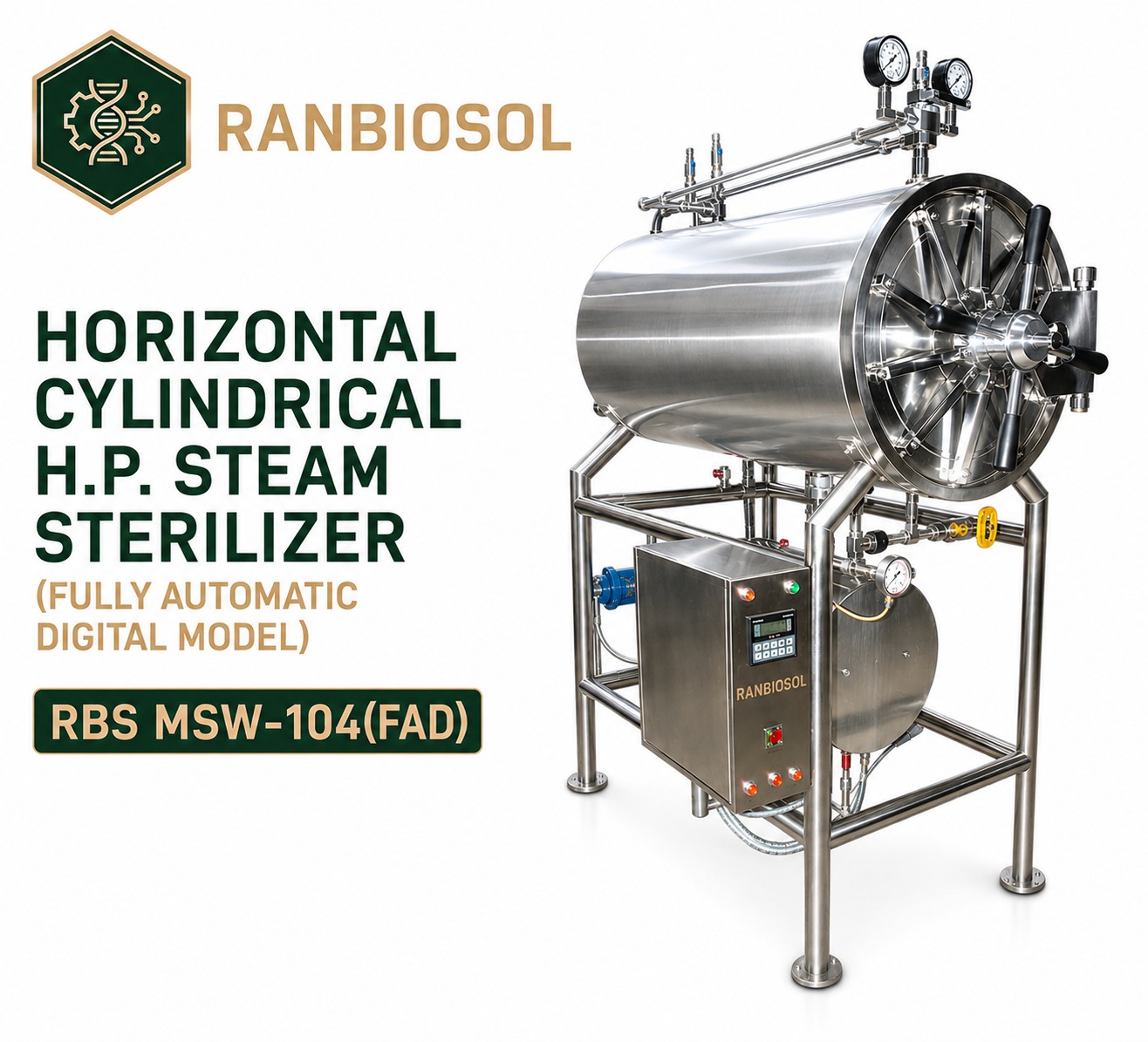 HORIZONTAL CYLINDRICAL H.P. STEAM STERILIZER (FULLY AUTOMATIC DIGITAL MODEL)RBS MSW-104(FAD)